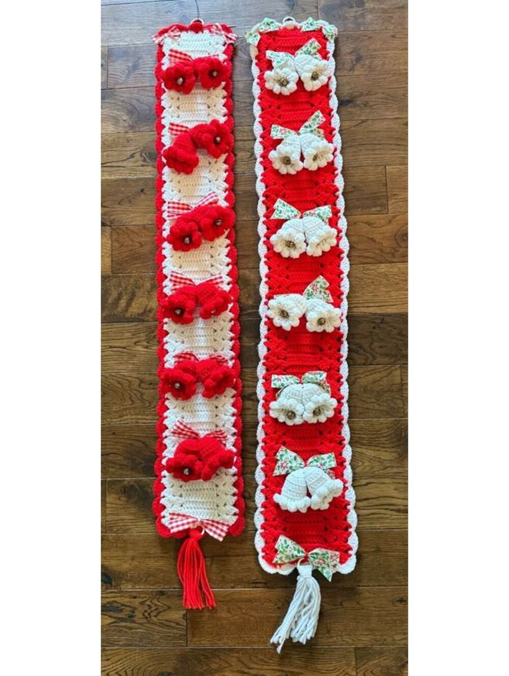 Vintage Handmade Crochet Christmas Bell Pull Wall Hangings Bells Bows Set of 2